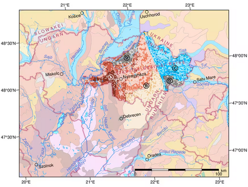 Abbildung 4.15 Bodenlandschaften um das Klima-Boden-Analog im Osten Ungarns. Vollfarbige Kartiereinheiten bezeichnen Landwirtschaftsflächen im Komitat Szabolcs-Szatmár-Bereg. Ⓐ Schwarzerden aus Löß umgeben von Fahlerden. Ⓑ Sandgebiet: im südlichen Teil (beige) fast reine Sandböden, im nördlichen Teil (lachsfarben) mit Tonverlagerung und Lamellenstruktur. Ⓒ Auenböden. Ⓓ Anmoorige und Moorböden. Kartengrundlagen: European Soil Database v2.0, European Commission and the European Soil Bureau Network; Grenzen © Eurogeographics.