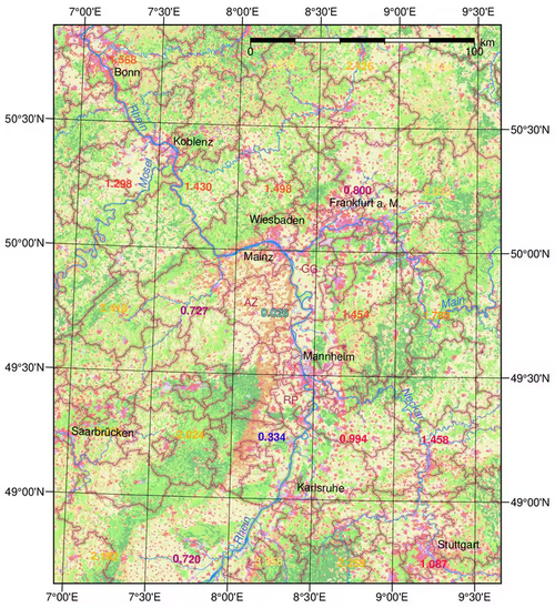 Abbildung 4.7 Sigma-Unähnlichkeiten der Fokusregion Ost am Rhein um das Referenzjahr 2050: Kartenausschnitt mit Werten einzelner Rasterzellen über Landnutzung. Doppelbuchstaben bezeichnen Landkreise im Bereich der niedrigsten Sigma-Indizes: GG = Groß-Gerau, AZ = Alzey-Worms, RP = Rhein-Pfalz. Kartengrundlagen: CORINE Land Cover 2018 (raster 100 m), European Union's Land Monitoring Service information; Grenzen © Eurogeographics.