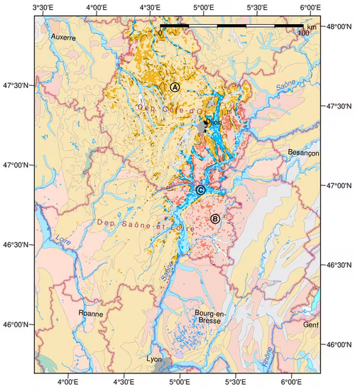 Abbildung 4.23 Bodenlandschaften des Klimaanalogs an der Saône zur Fokusregion Südwest. Vollfarbige Kartiereinheiten bezeichnen Landwirtschaftsflächen in den die Analogregion repräsentierenden Landkreisen. Ⓐ basenreiche Braunerden aus Kalkstein und Kalkmergel, tonig, steinig, teilweise flachgründig. Ⓑ vergleyte Parabraunerden aus sandigen Lehmablagerungen, im Unterboden tonig. Ⓒ kalkhaltige Auenböden aus tonreichen Lehmen, örtlich sandigere Deckschichten. Kartengrundlagen: European Soil Database v2.0, European Commission and the European Soil Bureau Network; Grenzen © Eurogeographics.