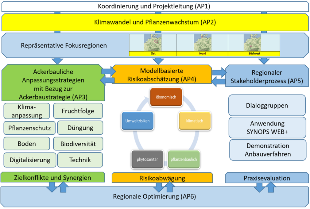 Projektstruktur des KARO-Projekts mit sechs Arbeitspaketen und drei Fokusregionen