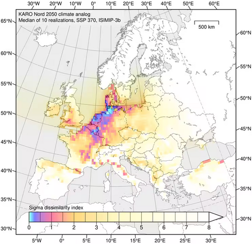 Abbildung 4.1 Sigma-Unähnlichkeiten der Fokusregion Nord um das Referenzjahr 2050 gegenüber dem gegenwärtigen Klima. Kartengrundlage: Natural Earth