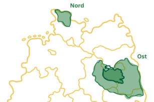 Deutschlandkarte mit drei hervorgehobenen Fokusregionen: Nord, Ost und Südwest