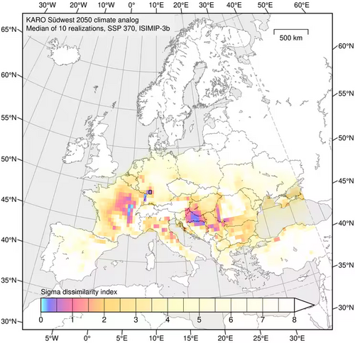 Abbildung 4.18 Sigma-Unähnlichkeiten der Fokusregion Südwest um das Referenzjahr 2050 gegenüber dem gegenwärtigen Klima. Kartengrundlage: Natural Earth.