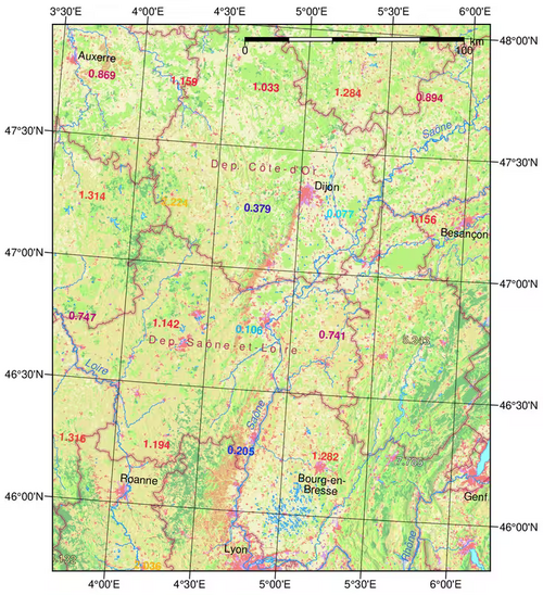 Abbildung 4.19 Sigma-Unähnlichkeiten der Fokusregion Südwest um das Referenzjahr 2050: Kartenausschnitt über das Klimaanalog an der Saône mit Werten einzelner Rasterzellen über Landnutzung. Kartengrundlagen: CORINE Land Cover 2018 (raster 100 m), European Union's Land Monitoring Service information; Grenzen © Eurogeographics