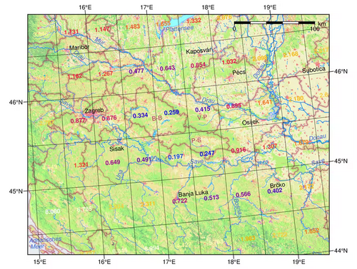 Abbildung 4.21 Sigma-Unähnlichkeiten der Fokusregion Südwest um das Referenzjahr 2050: Kartenausschnitt über den nördlichen Teil Kroatiens mit Werten einzelner Rasterzellen über Landnutzung. Die drei repräsentativen Gespanschaften sind mit Buchstaben bezeichnet: B-B = Bjelovar-Bilogora, V-P = Virovitica-Podravina und P-S = Požega-Slawonien. Kartengrundlagen: CORINE Land Cover 2018 (raster 100 m), European Union's Land Monitoring Service information; Grenzen © Eurogeographics.