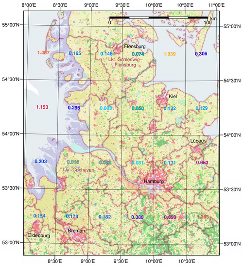 Abbildung 4.2 Sigma-Unähnlichkeiten der Fokusregion Nord um das Referenzjahr 2050: Kartenausschnitt mit Werten einzelner Rasterzellen über Landnutzung. Kartengrundlagen: CORINE Land Cover 2018 (raster 100 m), European Union's Land Monitoring Service information; Grenzen © Eurogeographic