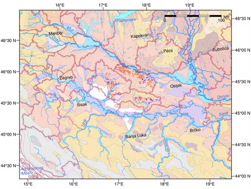 Abbildung 4.24 Bodenlandschaften des Klimaanalogs im Nordteil Kroatiens zur Fokusregion Südwest. Vollfarbige Kartiereinheiten bezeichnen Landwirtschaftsflächen in den die Analogregion repräsentierenden Gespanschaften. Aus dem Ausgangsmaterial lehmiger, quartärer Sedimente (stellenweise auf pleistozänen Tonen) haben sich im Klimaanalog Parabraunerden und Pseudogleye gebildet, in Požega-Slavonien (P-S) auch vergleyte Fahlerden. In den Talauen finden sich basenarme Gleye. Kartengrundlagen: European Soil Database v2.0, European Commission and the European Soil Bureau Network; Grenzen © Eurogeographics.