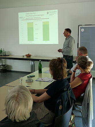 Peter Trierweiler präsentiert die Wirkung der Ohrwurmbehausungen im FUBIOO-Projekt. ©S. Ketterer/JKI-OW