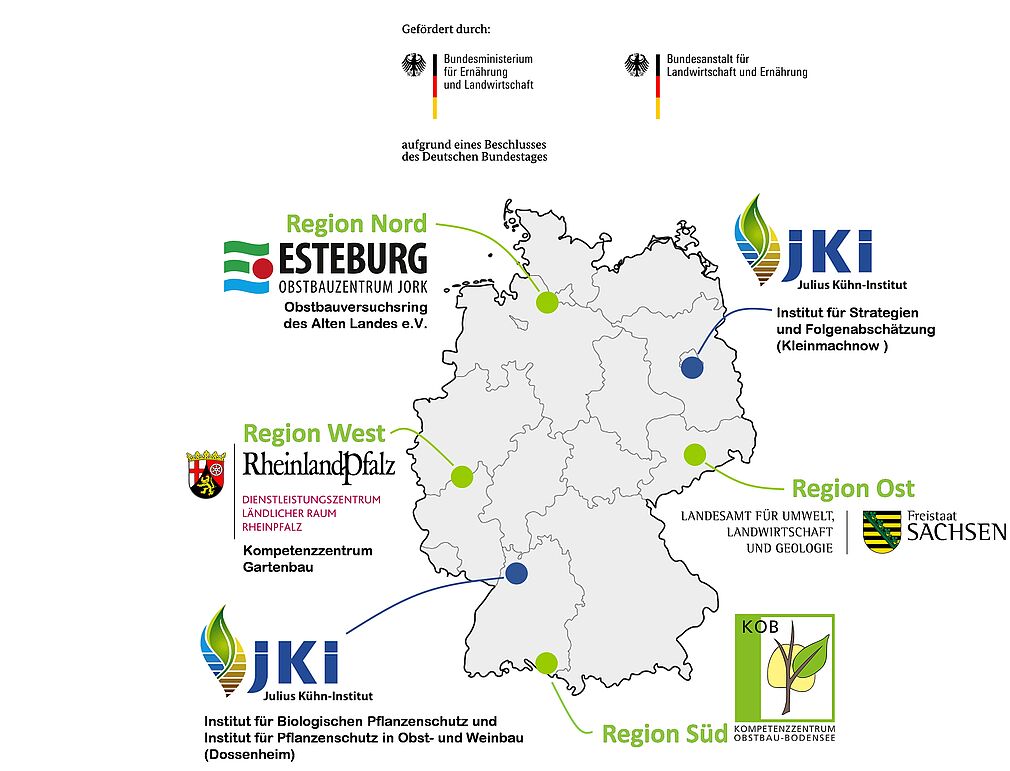 Landkarte (© R. Häuser/JKI) mit den beteiligten Facheinrichtungen