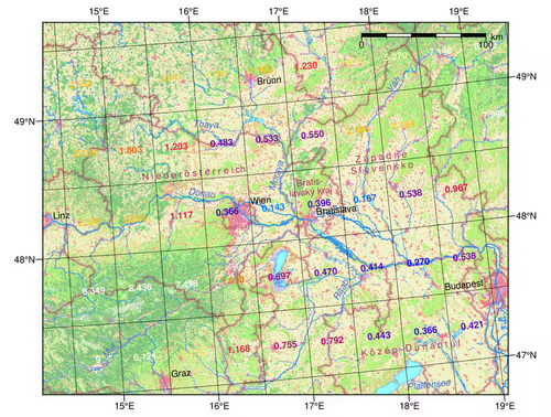 Abbildung 4.9 Sigma-Unähnlichkeiten der Fokusregion Ost entlang der Donau um das Referenzjahr 2050: Kartenausschnitt mit Werten einzelner Rasterzellen über Landnutzung. Die vier betrachteten Verwaltungseinheiten im Bereich minimaler Sigma-Werte sind namentlich beschriftet. Kartengrundlagen: CORINE Land Cover 2018 (raster 100 m), European Union's Land Monitoring Service information; Grenzen © Eurogeographics.