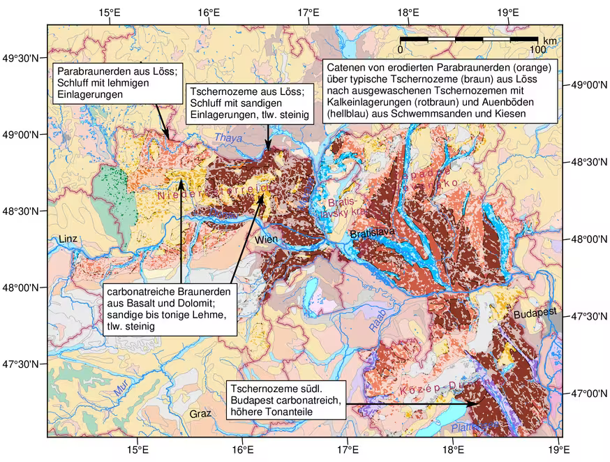 Abbildung 4.12 Bodenlandschaften des Klimaanalogs entlang der Donau zur Fokusregion Ost. Vollfarbige Kartiereinheiten bezeichnen Landwirtschaftsflächen in den die Analogregion repräsentierenden NUTS-2-Regionen. Kartengrundlagen: European Soil Database v2.0, European Commission and the European Soil Bureau Network; Grenzen © Eurogeographics.