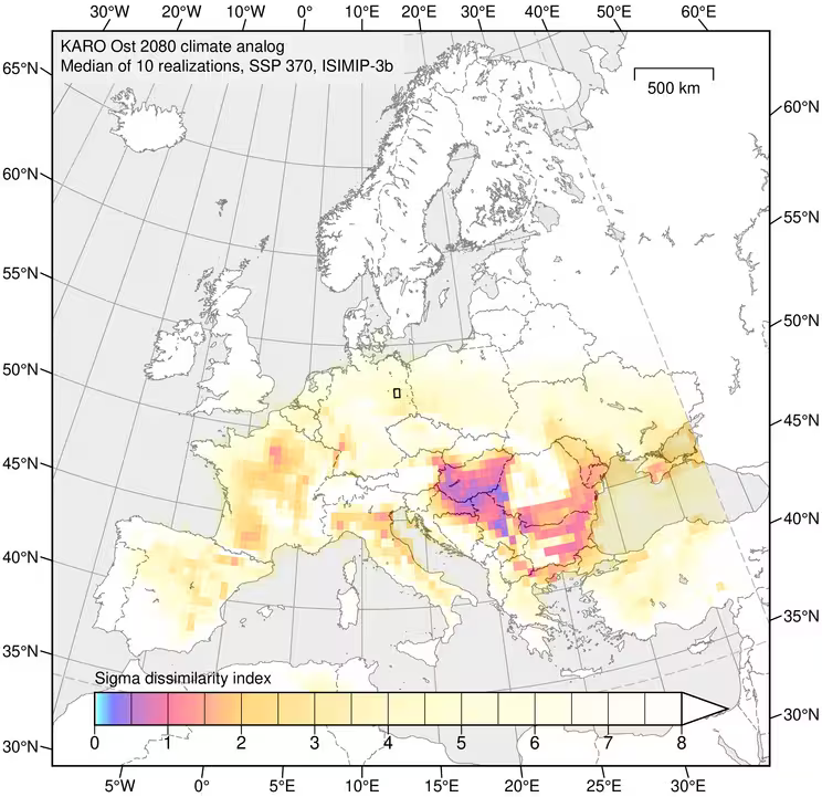 Abbildung 4.13 Sigma-Unähnlichkeiten der Fokusregion Ost um das Referenzjahr 2080 gegenüber dem gegenwärtigen Klima. Kartengrundlage: Natural Earth.