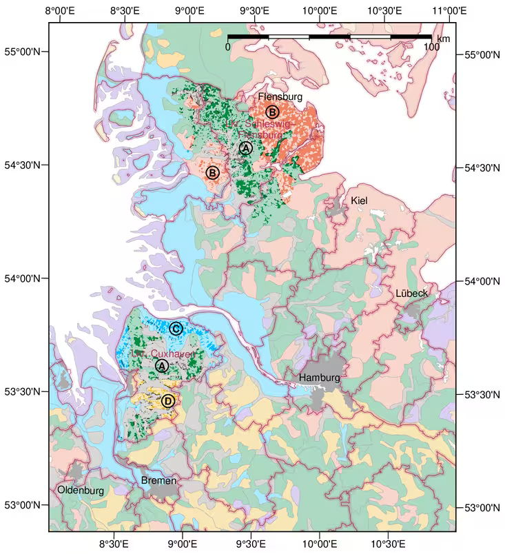 Abbildung 4.4 Bodenlandschaften der Fokusregion Nord und ihrer Analogregion, dem Landkreis Cuxhaven. Ⓐ Geest mit Podsolen aus glazialen Sanden (grün), in den Niederungen vergesellschaftet mit organischen Moorböden (grau). Diese Geestböden kommen in beiden Gebieten vor. Ⓑ Schleswig-Holsteinisches Hügelland mit Braunerden aus Tonmergel, lehmig, teilweise steinig; in Nordfriesland auch aus glazialen Sanden. Ⓒ Marsch aus marinen oder Auenböden aus schluffigen Sanden, im Untergrund oft tonig. Ⓓ Pseudogleye aus glazialen Sanden. Kräftigere Farbtöne zeigen die vorwiegend ackerbaulich genutzten Gebietsteile. Kartengrundlagen: European Soil Database v2.0, European Commission and the European Soil Bureau Network; Grenzen © Eurogeographics.