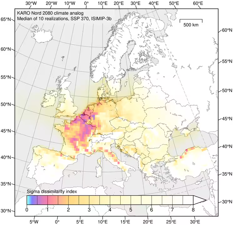 Abbildung 4.5 Sigma-Unähnlichkeiten der Fokusregion Nord um das Referenzjahr 2080 gegenüber dem gegenwärtigen Klima. Kartengrundlage: Natural Earth.