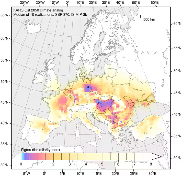 Abbildung 4.6 Sigma-Unähnlichkeiten der Fokusregion Ost um das Referenzjahr 2050 gegenüber dem gegenwärtigen Klima. Kartengrundlage: Natural Earth.